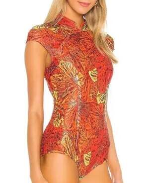 Kim Shui Red Floral Qipao Bodysuit Size L